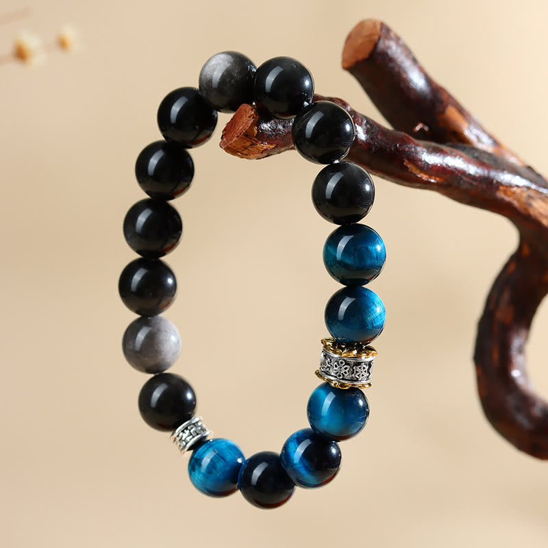 Bracelet en œil de tigre bleu et obsidienne argentée 12 mm