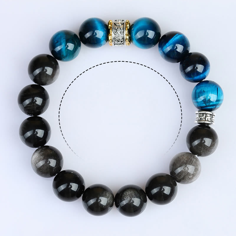 Bracelet en œil de tigre bleu et obsidienne argentée 12 mm