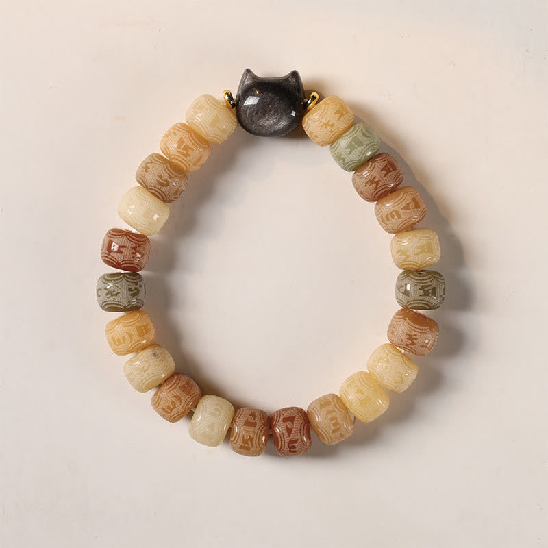 Bracelet de sagesse en graines de Bodhi et tête de chat en obsidienne