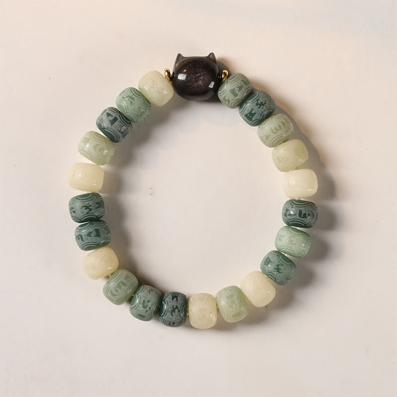 Bracelet de sagesse en graines de Bodhi et tête de chat en obsidienne