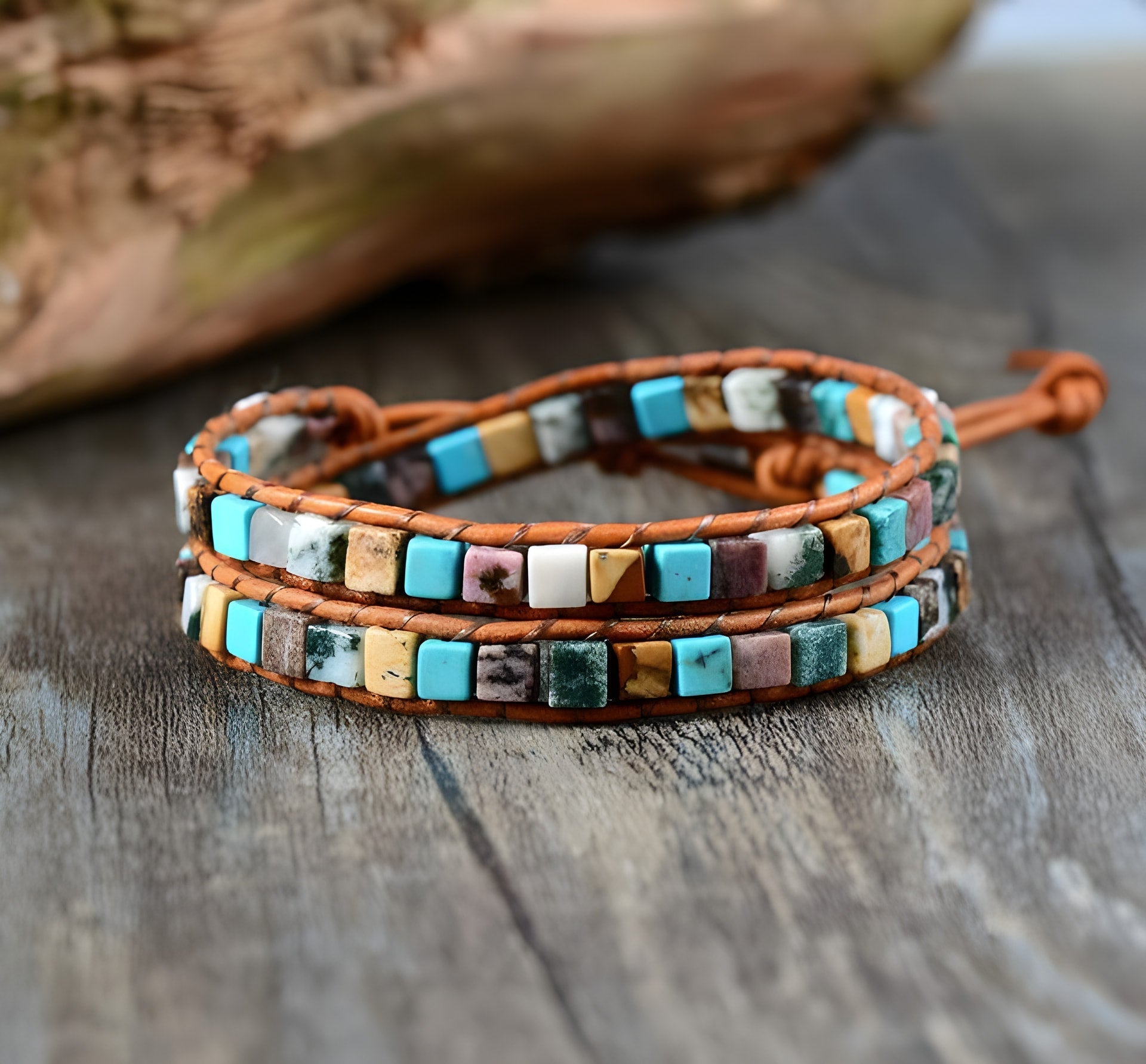 Bracelet double tour en pierre d'agate de style bohème chic