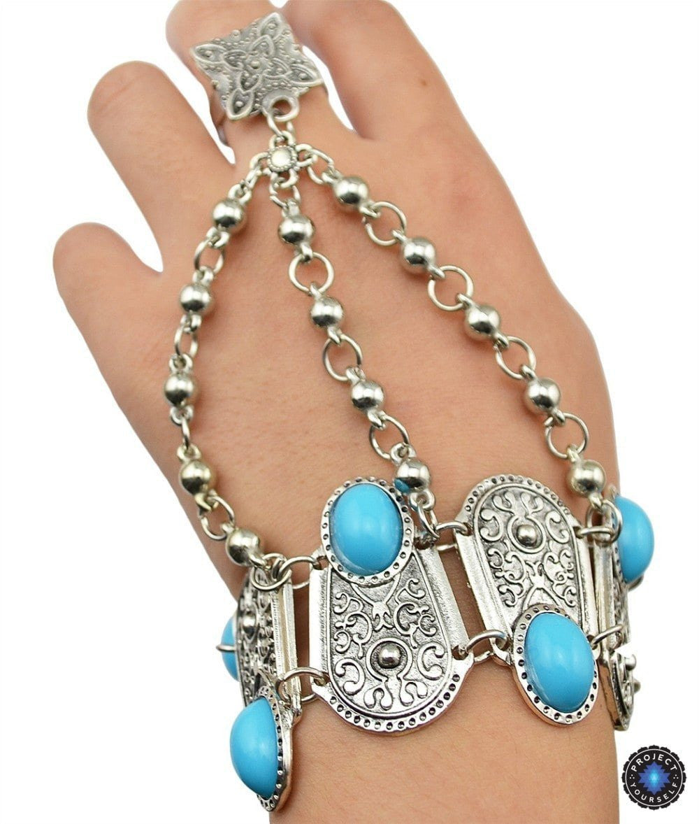 Bracelet anneau fleur turquoise bohème chaîne de main