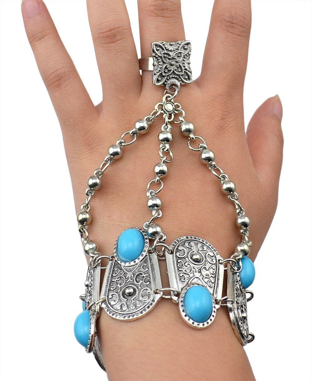 Bracelet anneau fleur turquoise bohème chaîne de main