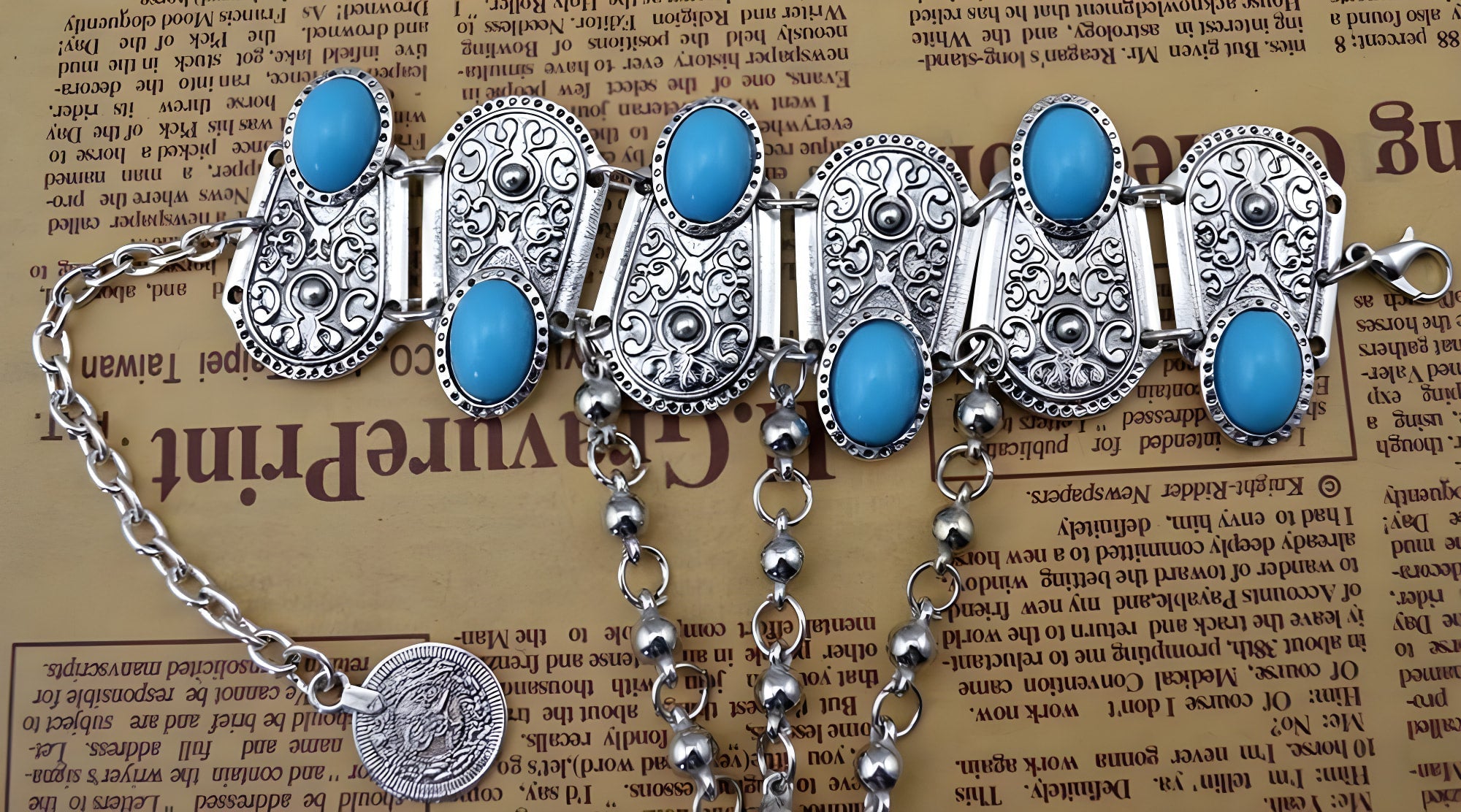 Bracelet anneau fleur turquoise bohème chaîne de main