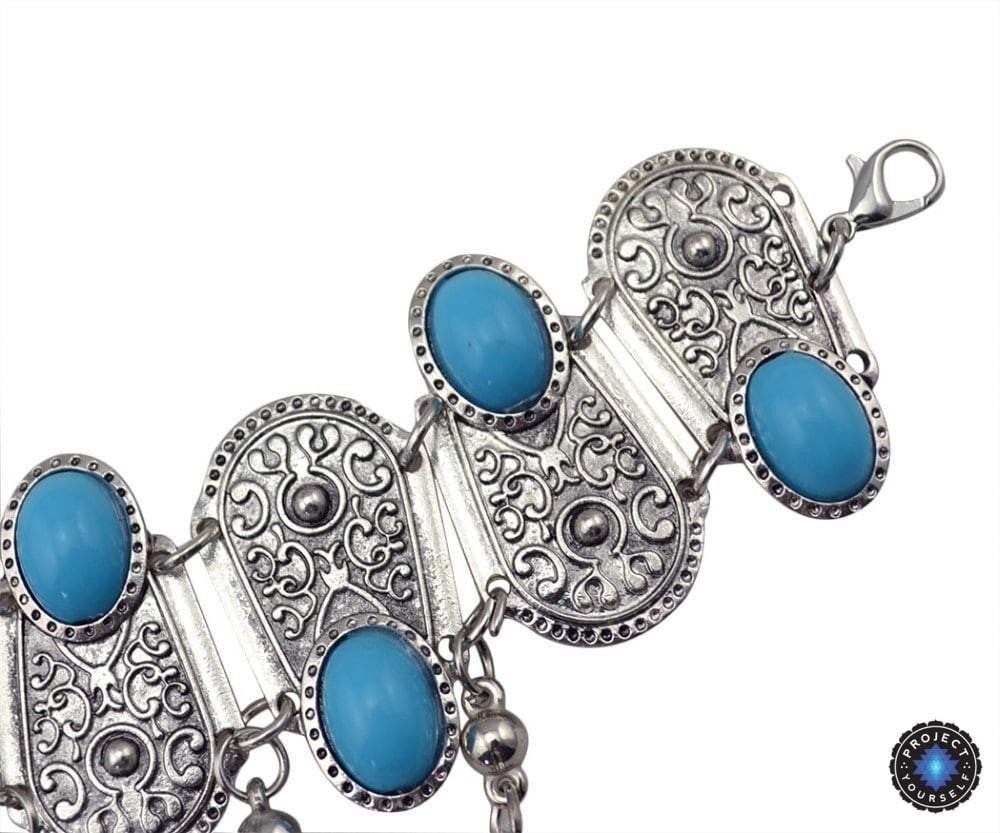 Bracelet anneau fleur turquoise bohème chaîne de main