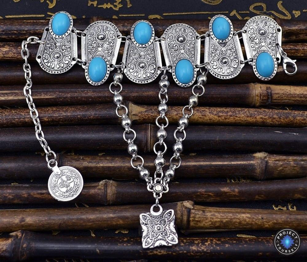 Bracelet anneau fleur turquoise bohème chaîne de main