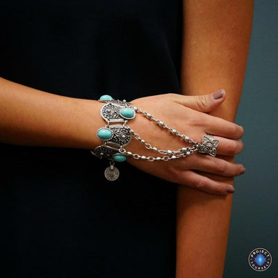 Bracelet anneau fleur turquoise bohème chaîne de main