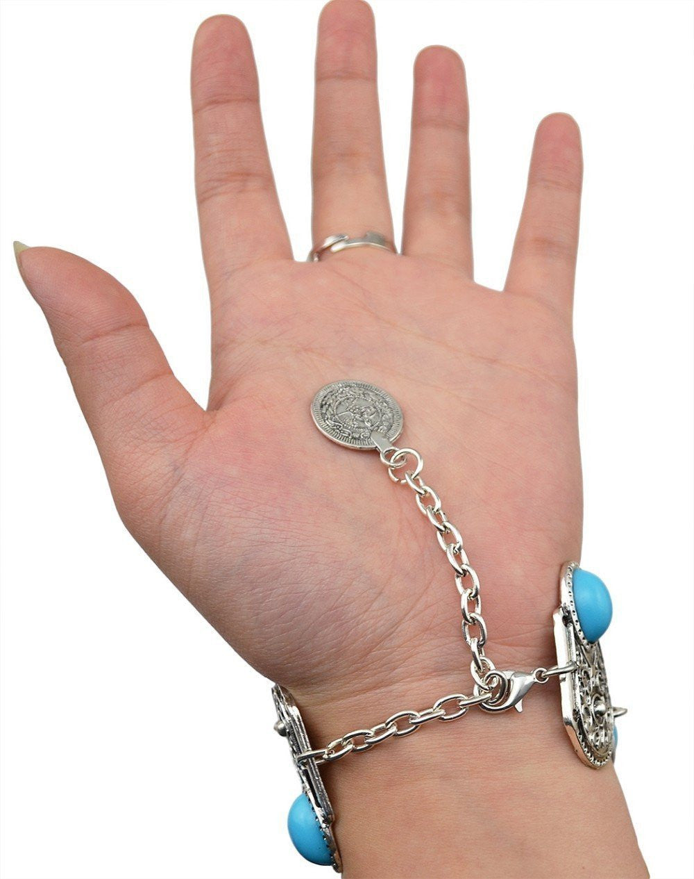 Bracelet anneau fleur turquoise bohème chaîne de main