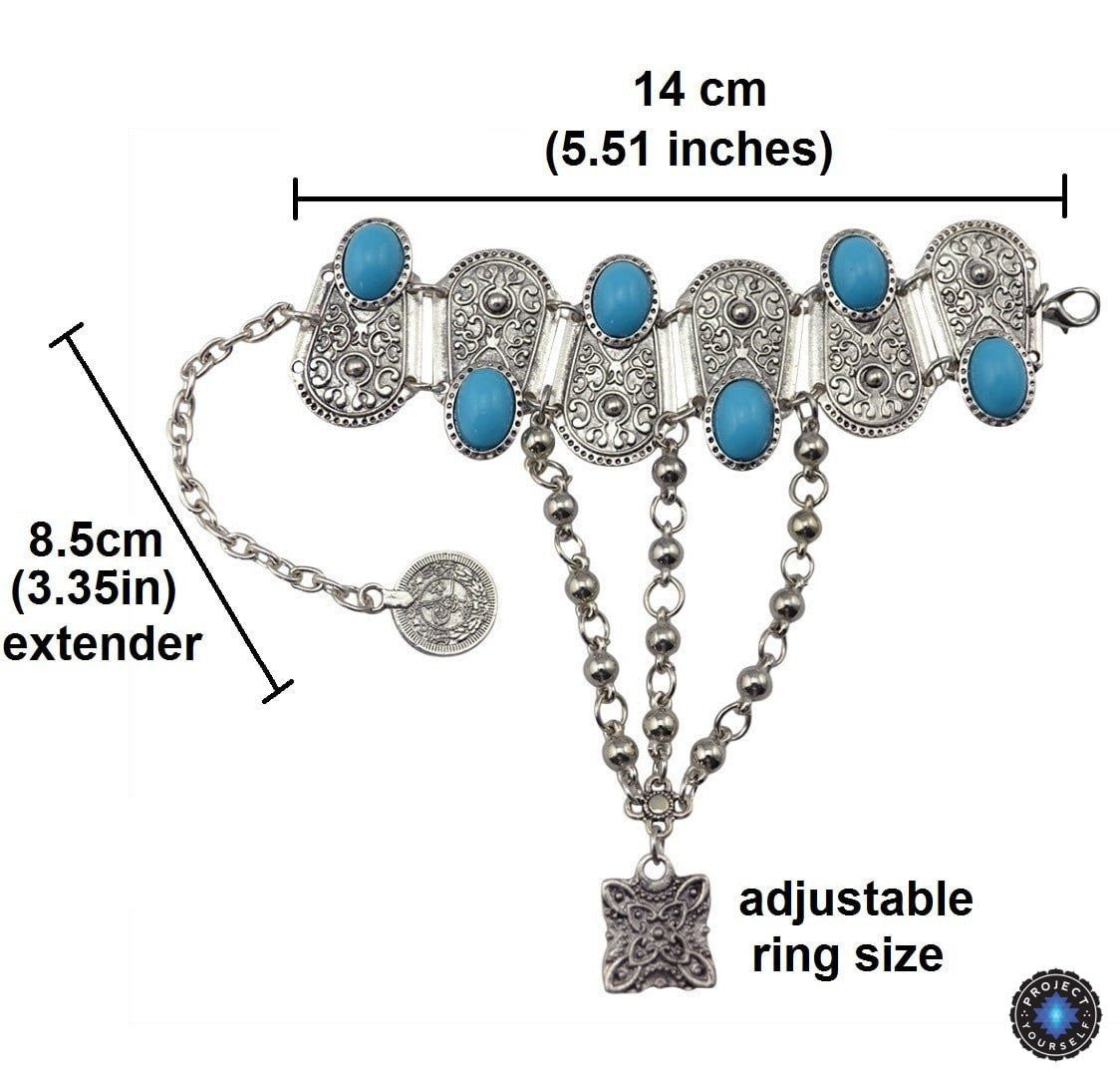 Bracelet anneau fleur turquoise bohème chaîne de main