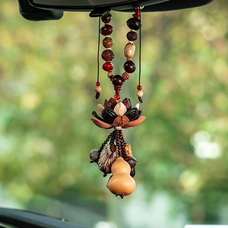 Breloque suspendue pour voiture en buis, bois de pêche, graines de lotus Bodhi
