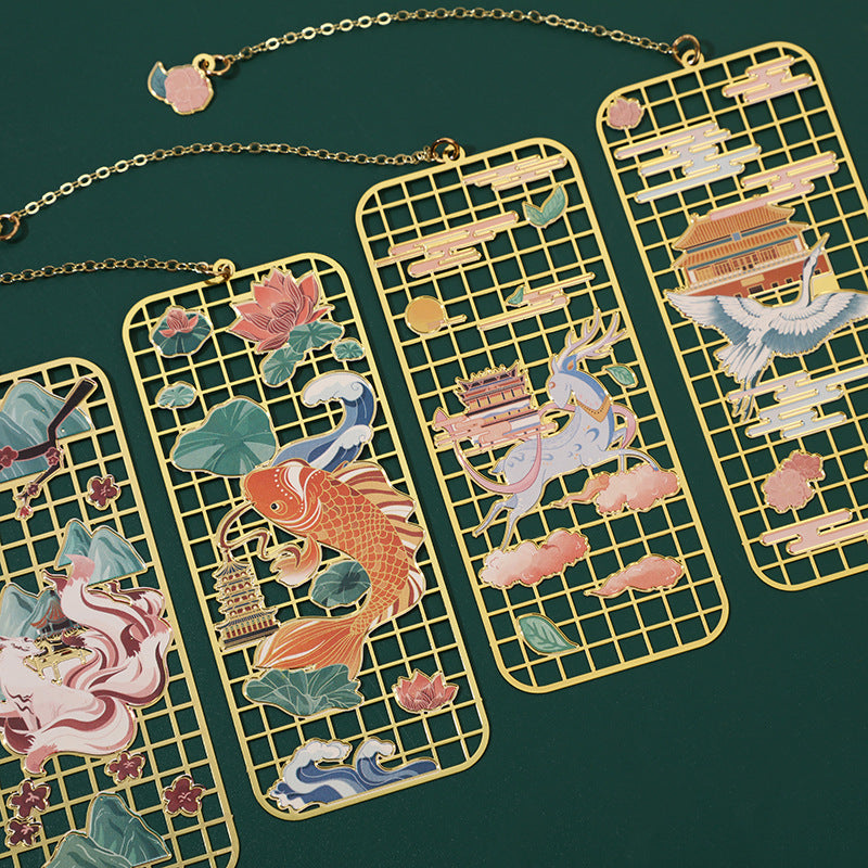 Marque-page creux en laiton avec élan, poisson koï, grue et renard