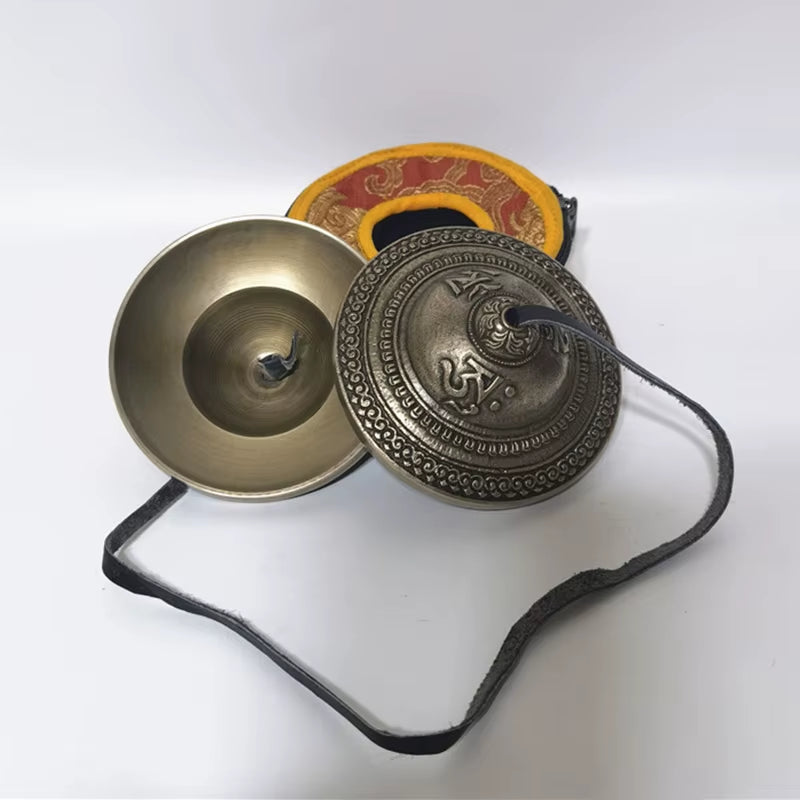 Brass Tingsha Cymbals for Meditation with Decorative Engravings and Black Cord