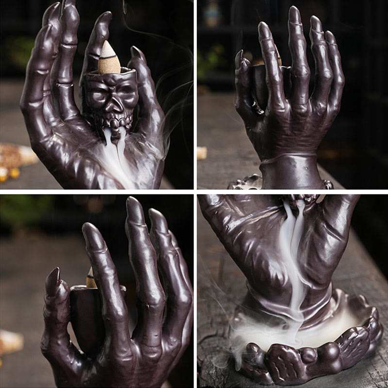 Brûleur d'encens en céramique marron, décoration de main de crâne