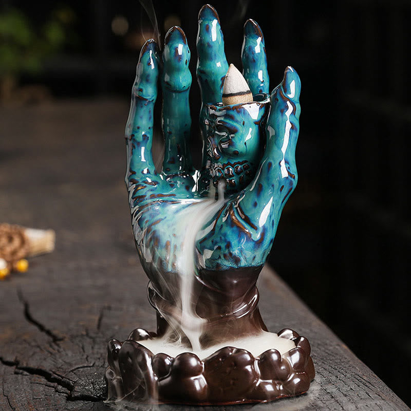 Brûleur d'encens en céramique marron, décoration de main de crâne