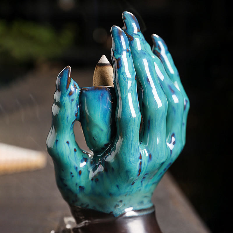 Brûleur d'encens en céramique marron, décoration de main de crâne