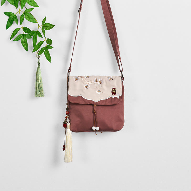 Sac de yoga en coton et lin marron à motif fleur de prunier