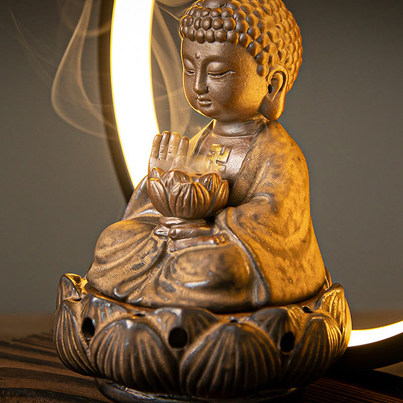 Brûleur d'encens à reflux en céramique Bouddha Lotus avec lumière