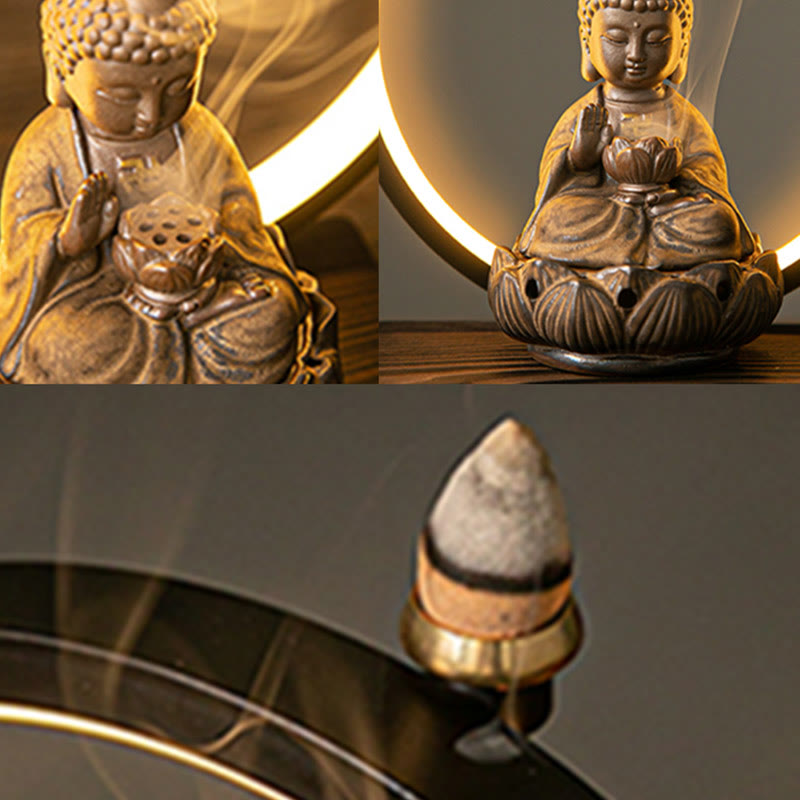 Brûleur d'encens à reflux en céramique Bouddha Lotus avec lumière