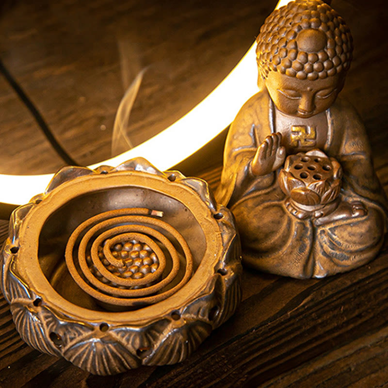Brûleur d'encens à reflux en céramique Bouddha Lotus avec lumière