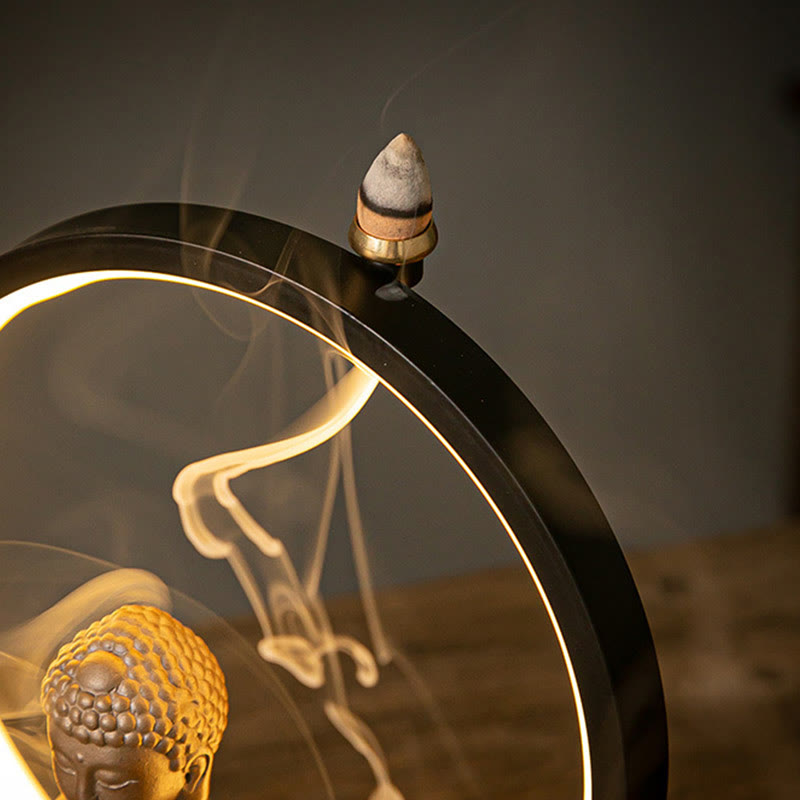 Brûleur d'encens à reflux en céramique Bouddha Lotus avec lumière