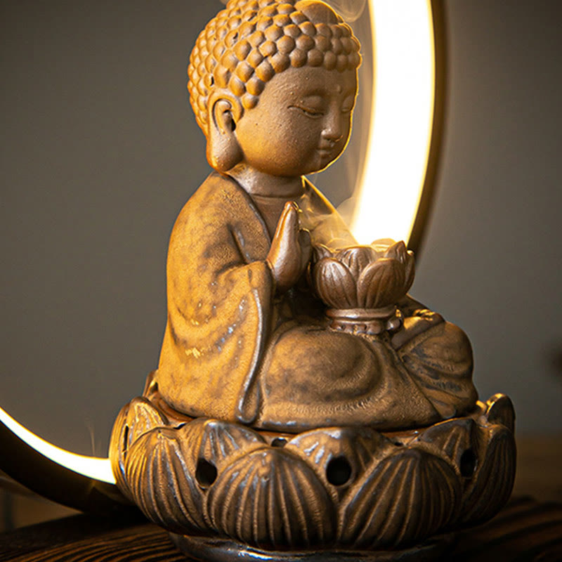 Brûleur d'encens à reflux en céramique Bouddha Lotus avec lumière