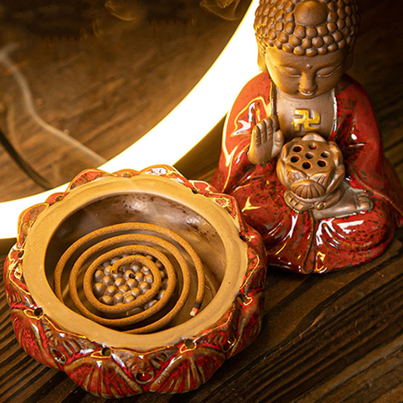 Brûleur d'encens à reflux en céramique Bouddha Lotus avec lumière