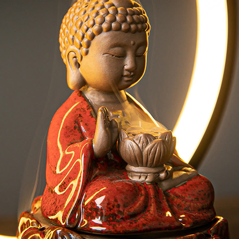 Brûleur d'encens à reflux en céramique Bouddha Lotus avec lumière