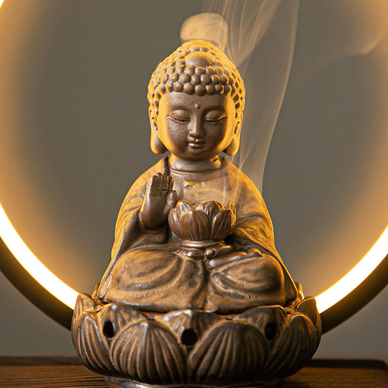 Brûleur d'encens à reflux en céramique Bouddha Lotus avec lumière