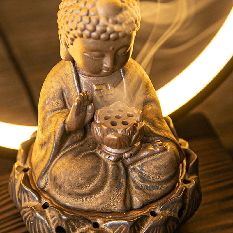 Brûleur d'encens à reflux en céramique Bouddha Lotus avec lumière