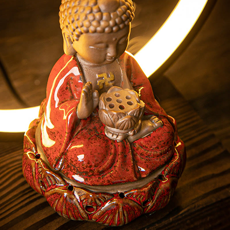 Brûleur d'encens à reflux en céramique Bouddha Lotus avec lumière