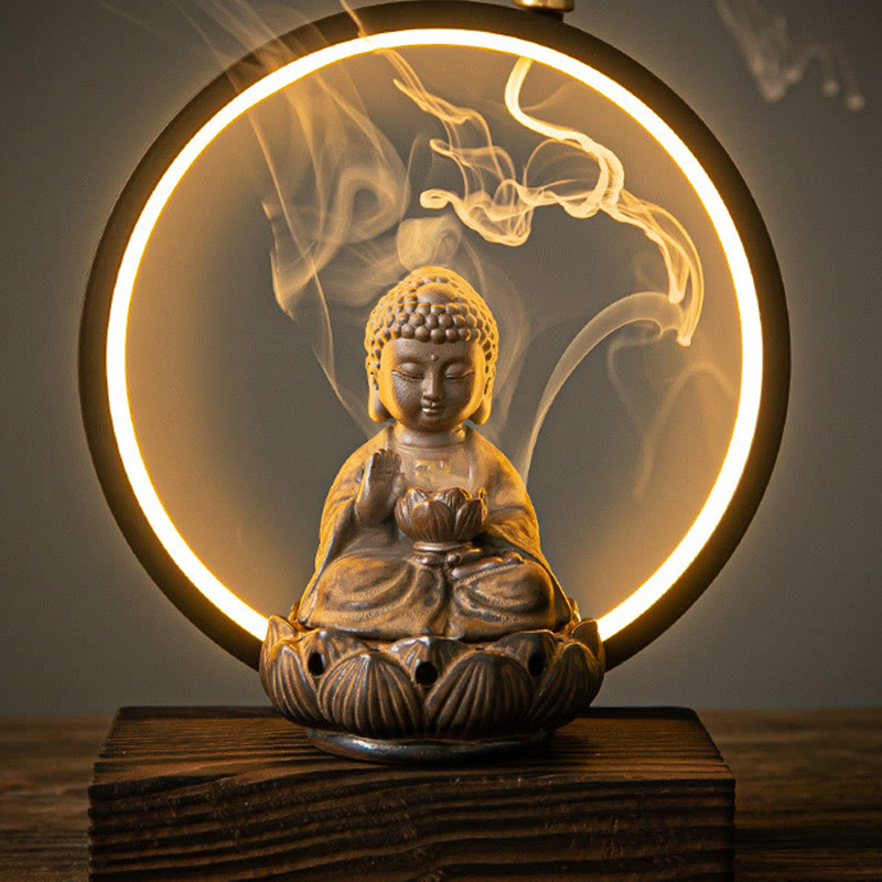 Brûleur d'encens à reflux en céramique Bouddha Lotus avec lumière