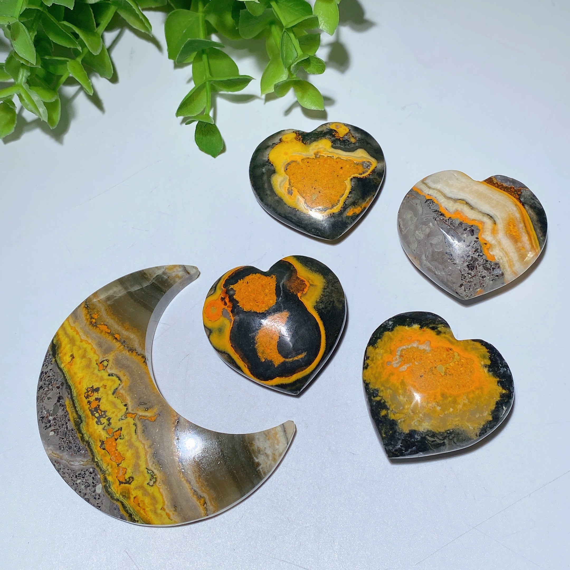 Bumble Bee Jasper Heart and Moon Crystal Shapes