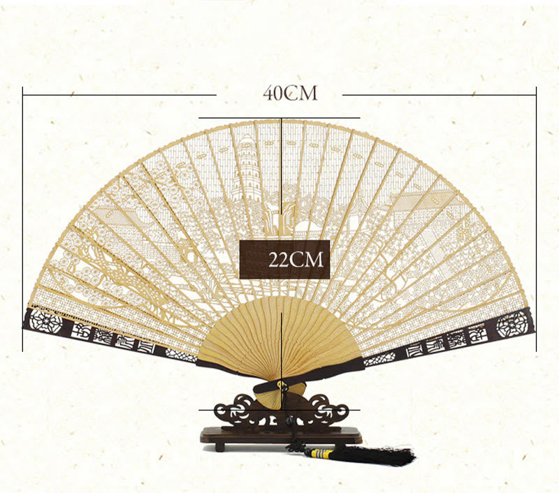 Éventail pliant en bois birman Suzhou Garden Tiger Hill 22 cm