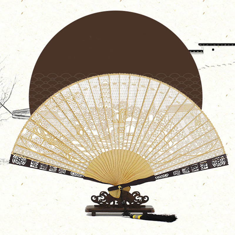 Éventail pliant en bois birman Suzhou Garden Tiger Hill 22 cm