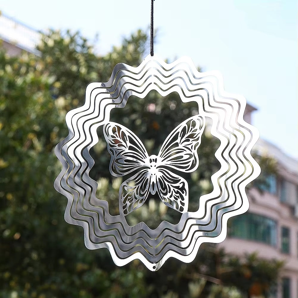 Butterfly 3D Metal Kinetic Garden Wind Spinner with wavy circular patterns design