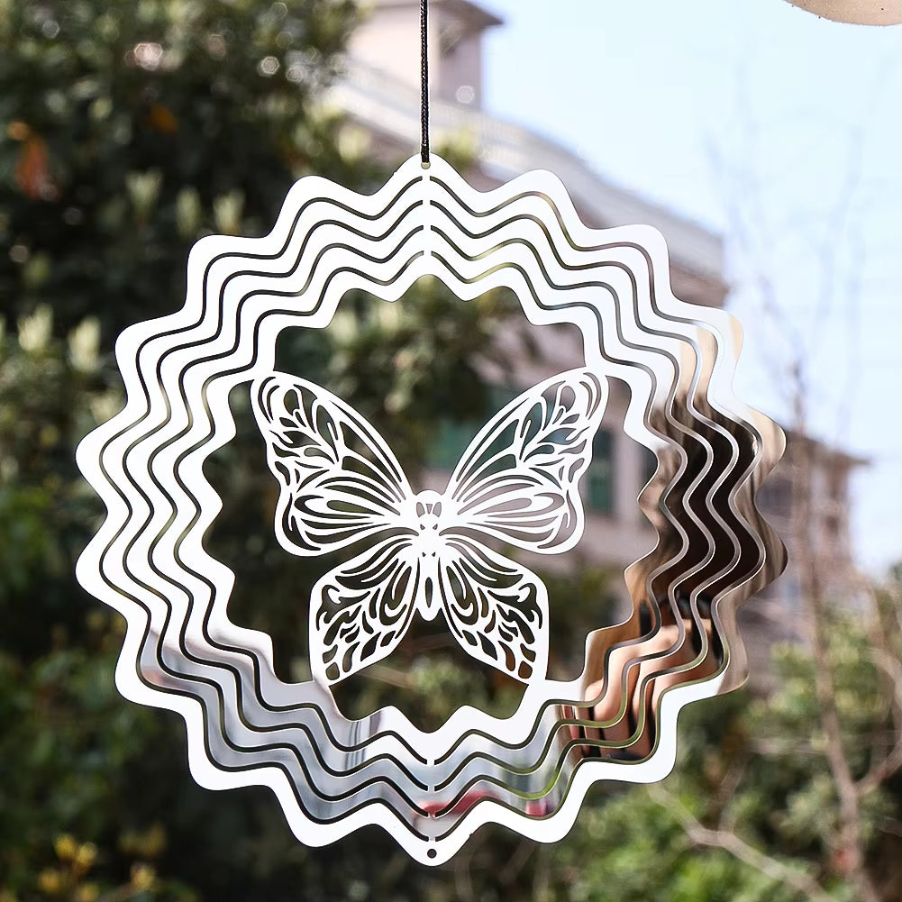 Butterfly 3D Metal Kinetic Garden Wind Spinner with wavy circular rings design