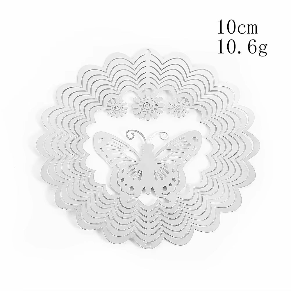 Delicate silver butterfly garden spinner with scalloped concentric circles design