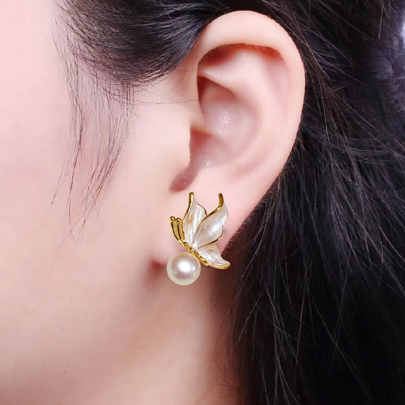 Boucles d'oreilles à tige en argent 925 avec perles de sagesse et papillon
