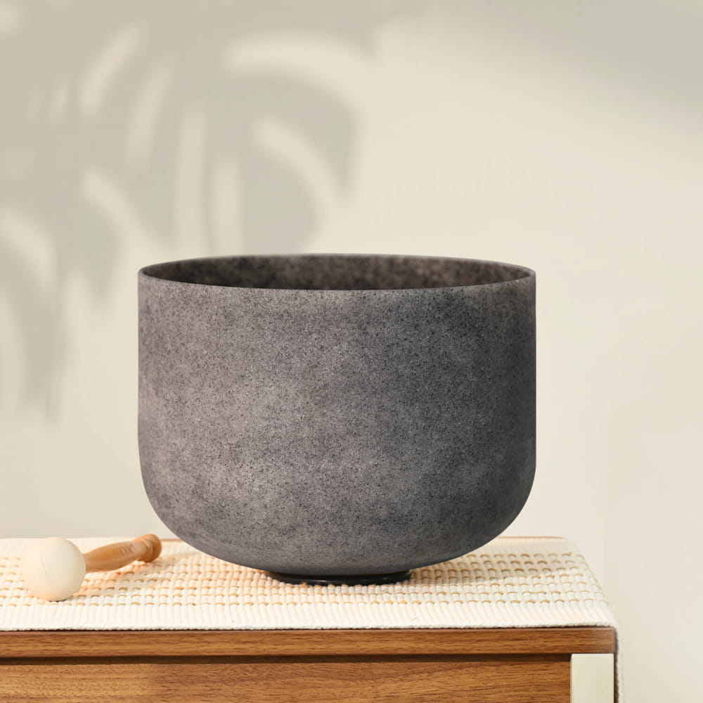 Dark gray ceramic bowl with matte texture, C Note Obsidian Gemstone Fusion Crystal Singing Bowl