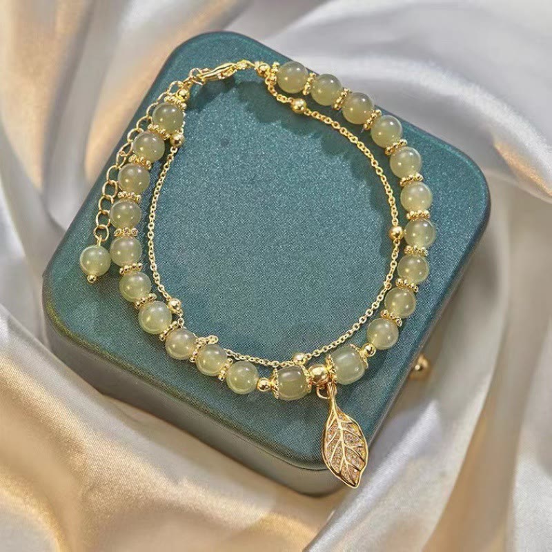 Jade Luck Beaded Bracelet with Leaf, Tulip & Fu Symbol