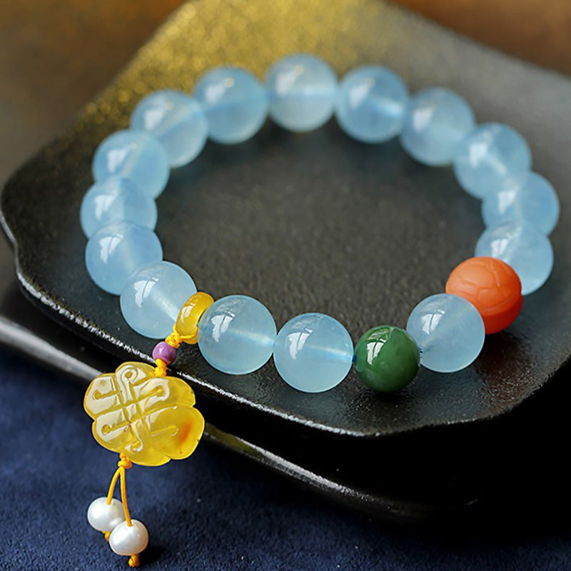 Aquamarine & Amber Peace Bracelet with Chinese Knot Charm