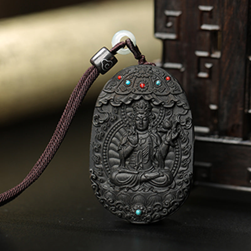 Collier en bois d'agar avec pendentif Om Mani Padme Hum et signe du zodiaque chinois