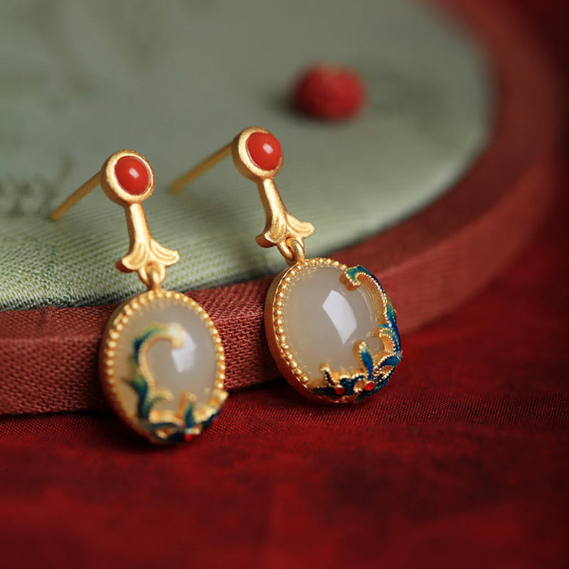 Vintage Jade Red Agate Abundance Copper Drop Earrings