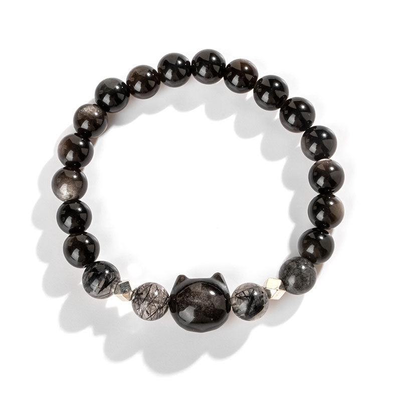 8mm Silver Sheen Obsidian Cat Head Protection Bracelet