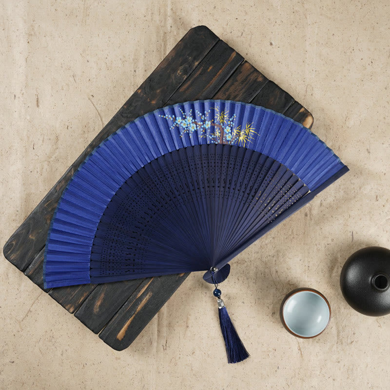 22cm Bamboo Folding Fan with Cherry Blossom Engraving