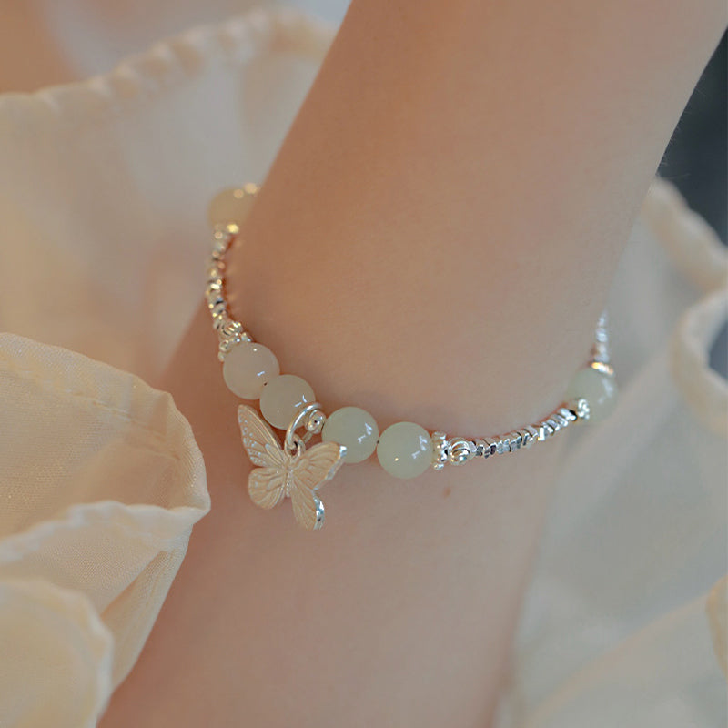 6mm Hetian Jade Luck Butterfly Sterling Silver Bracelet