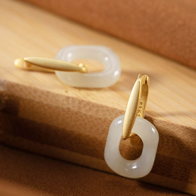 White Jade Earrings 925 Sterling Silver for Happiness & Protection