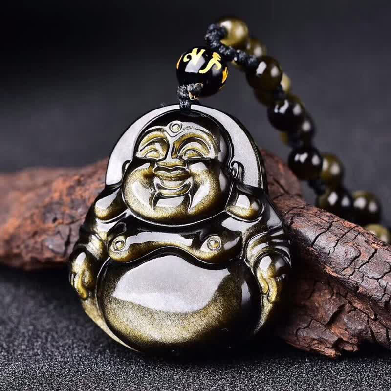 Gold Sheen Obsidian Laughing Buddha Wealth Necklace Pendant