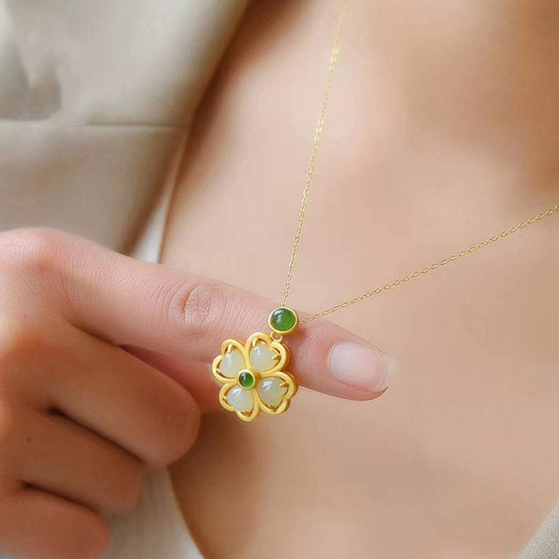 925 Sterling Silver Lucky Four Leaf Clover Jade Necklace | Prosperity & Luck