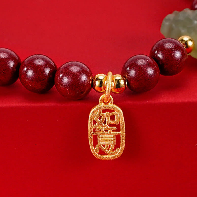 Sterling Silver Dragon Bracelet with Cinnabar & Jade Charms